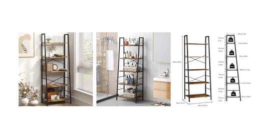 Ladder Shelf, 5 Tier Wood Bookshelf/Bookcase with Metal Frame, for Living Room, Bedoom, Balcony