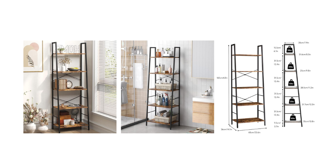 Ladder Shelf, 5 Tier Wood Bookshelf/Bookcase with Metal Frame, for Living Room, Bedoom, Balcony