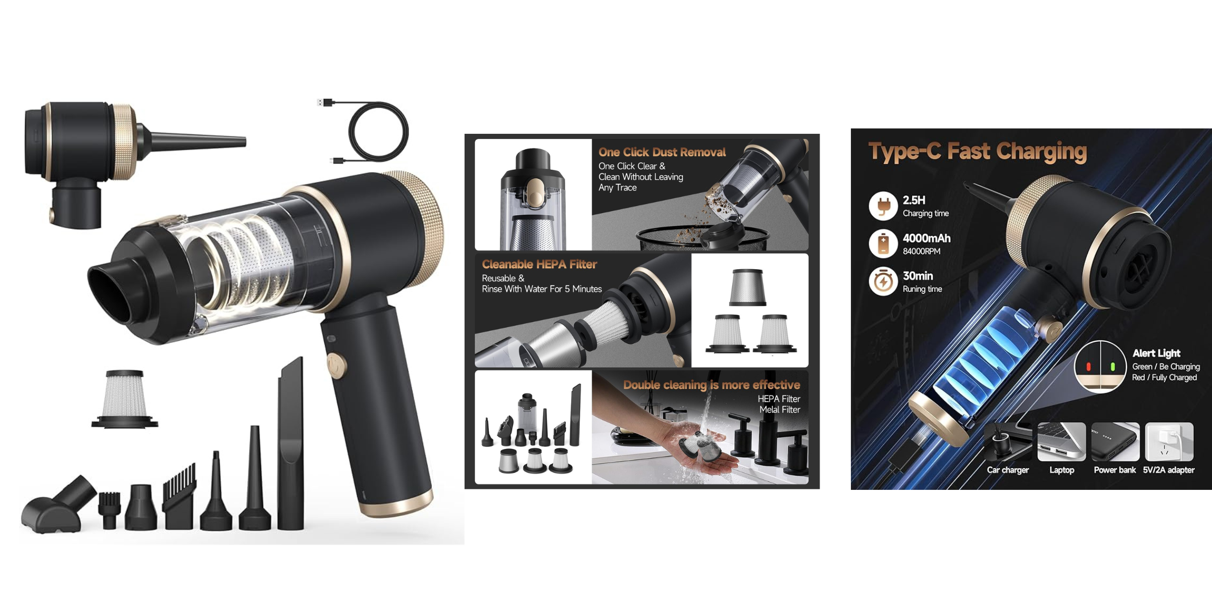 Cordless Powerful Car Vacuum with LED Light and Dual HEPA Filters