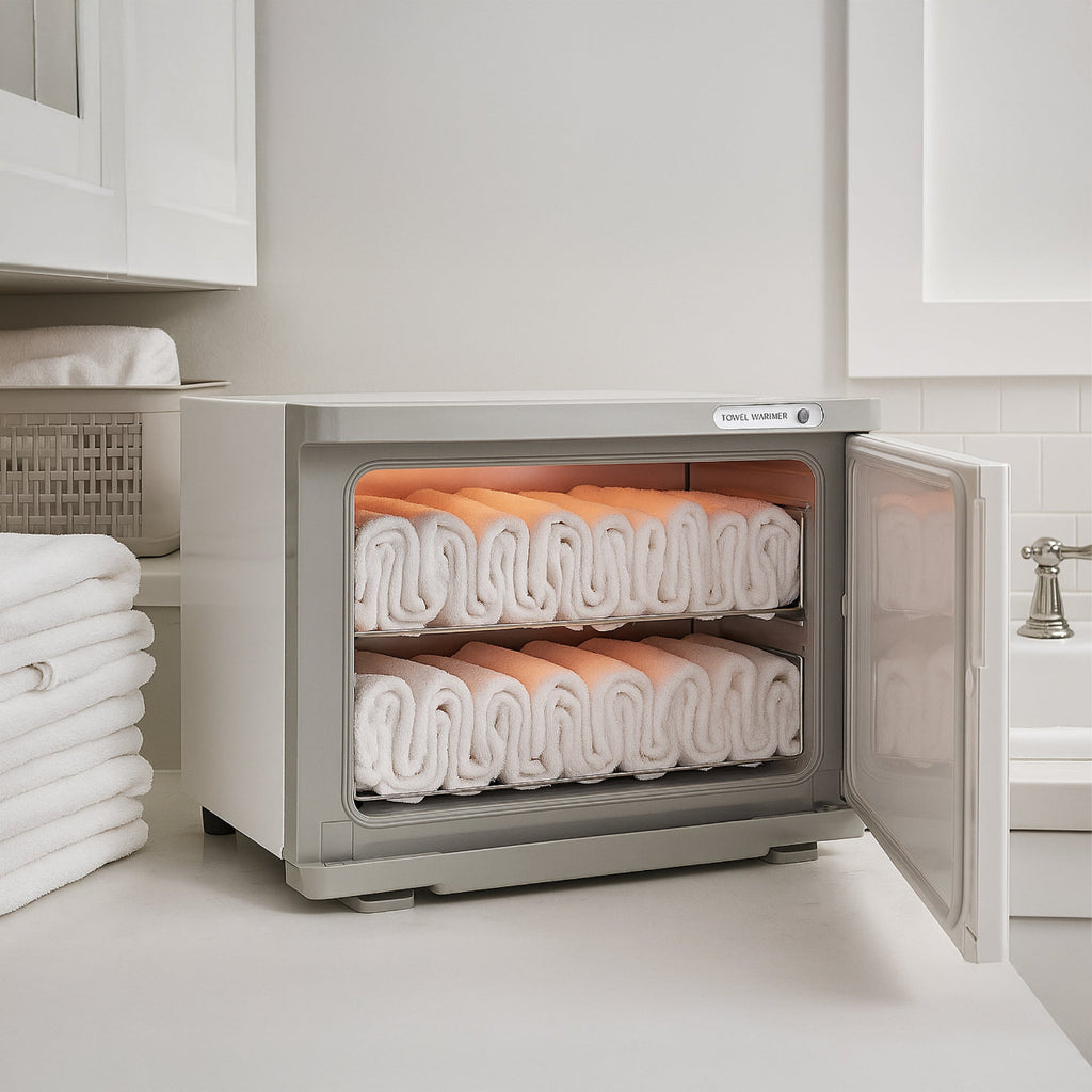 Dryer with folded towels inside, placed in a laundry room.