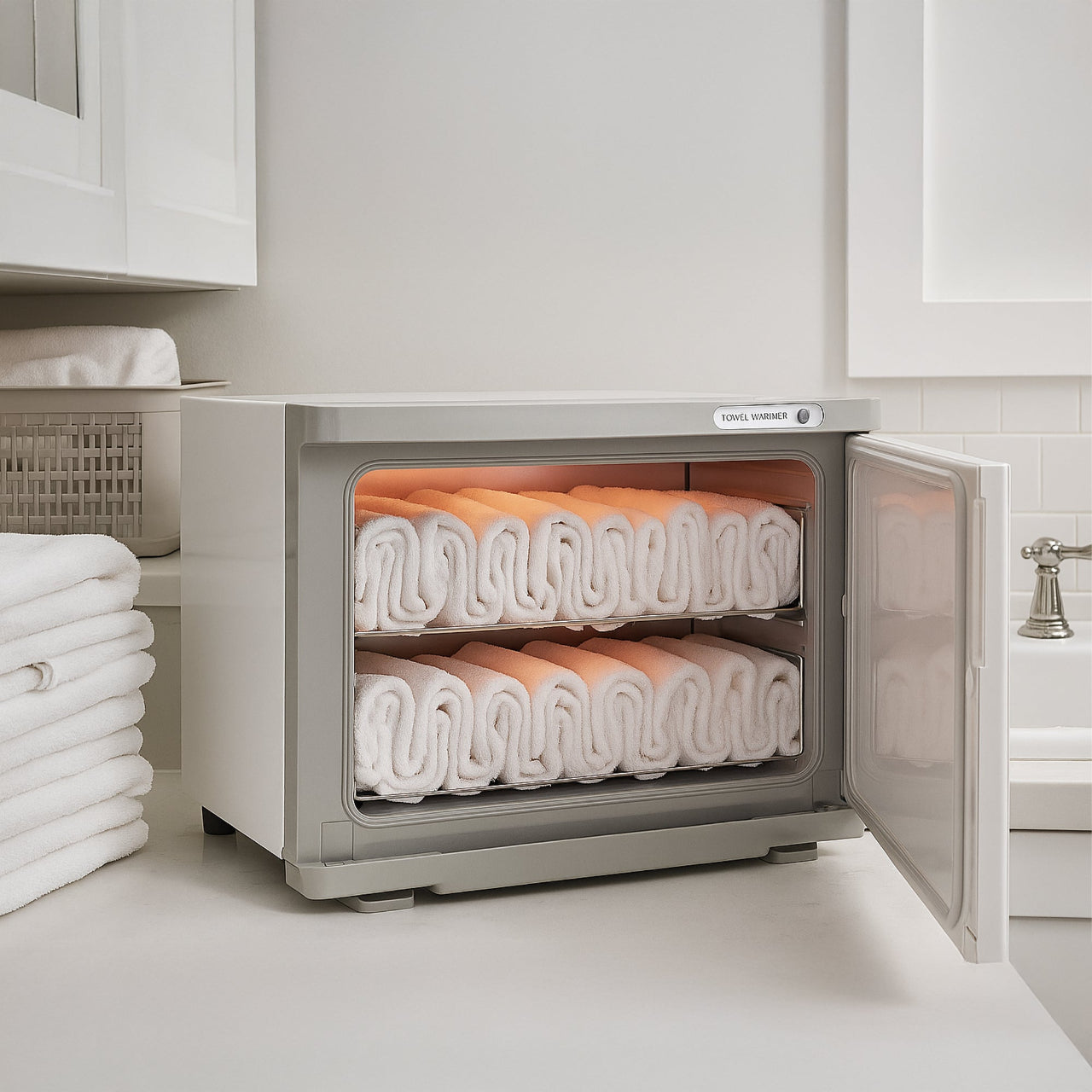 Dryer with folded towels inside, placed in a laundry room.