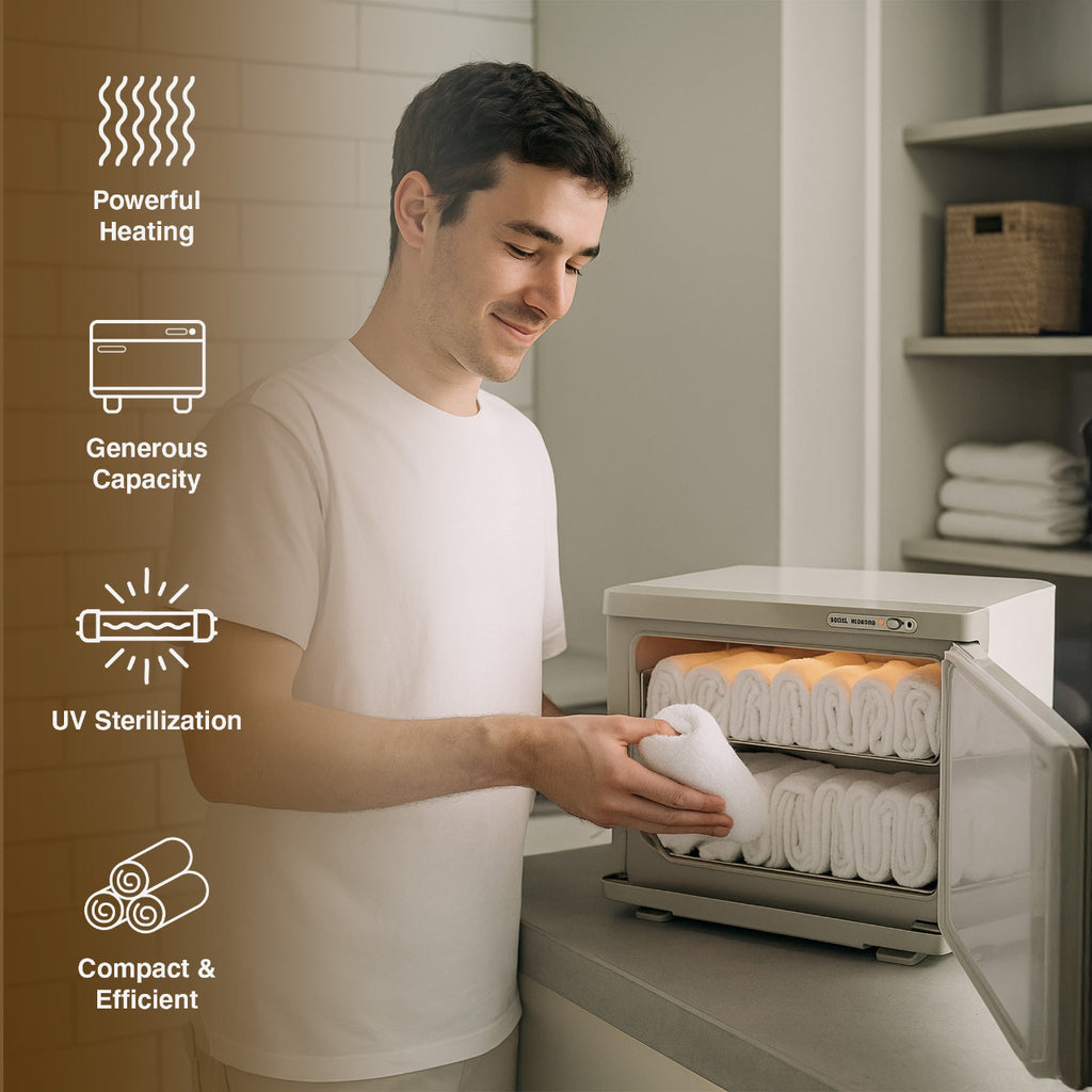 Man using a towel dryer with features highlighted on the left.